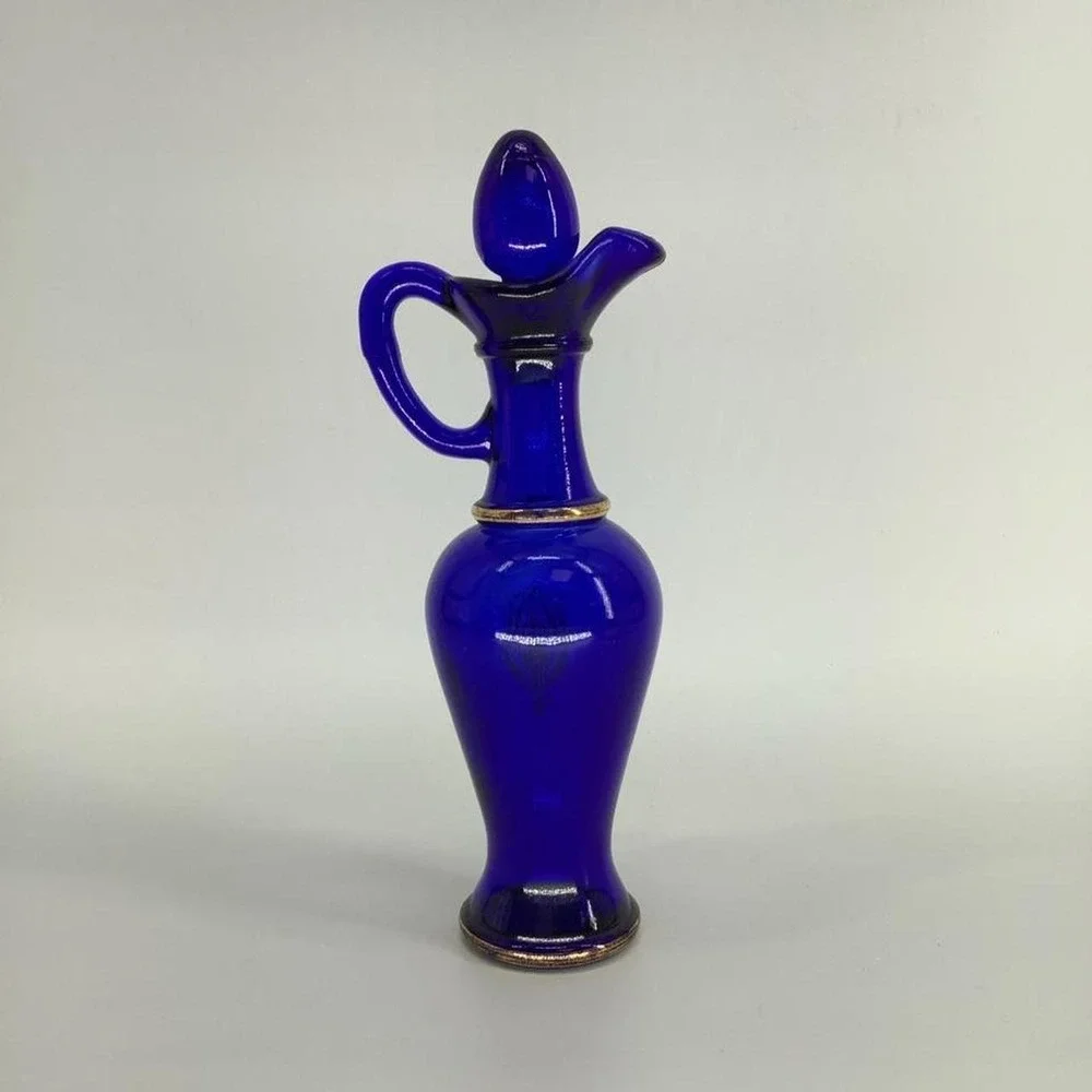 Vintage 1970s Avon Cobalt Blue Glass Decanter Cruet Gold Floral Design Stopper